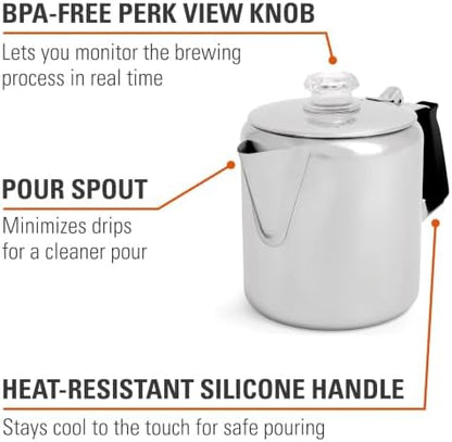 GSI Outdoors Percolator Coffee Pot I Glacier Stainless Steel with Silicone Handle for Camping, Backpacking, Travel, RV & Hunting - Stove Safe