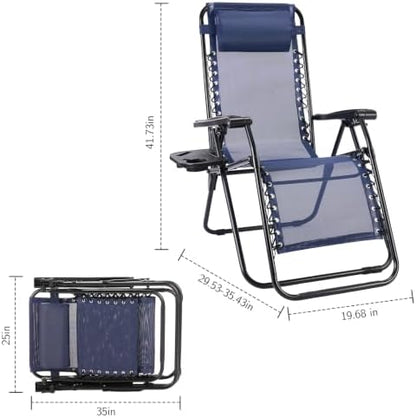 Sweetcrispy Zero Gravity Chairs Set of 2, Outdoor Folding Reclining Lounge Chair with Cup Holder Tray & Adjustable Pillow, Portable Camping Beach Patio Poolside Lawn Yard Chair, Classic Blue