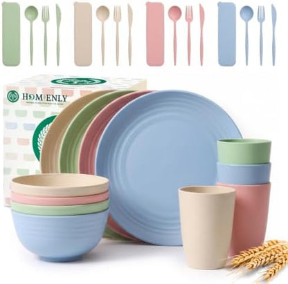 Homienly 28 Pcs Wheat Straw Dinnerware Sets, Kitchen Plates and Bowls Set