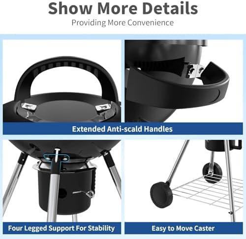 18.5-Inch Portable Charcoal Grill, Heavy Duty Kettle BBQ Smoker with Built-in Thermometer & Removable Water-Rinsable Ash Catcher for Outdoor Camping, Patio, Backyard, and Tailgating