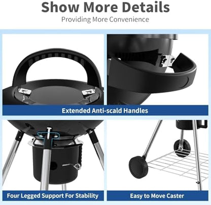 18.5-Inch Portable Charcoal Grill, Heavy Duty Kettle BBQ Smoker with Built-in Thermometer & Removable Water-Rinsable Ash Catcher for Outdoor Camping, Patio, Backyard, and Tailgating