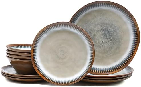 12 Piece Melamine Dinnerware Set, Unbreakable Plate and Bowls Set for 4