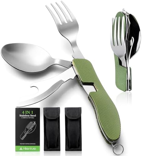 HIKENTURE Camping Utensils 2 Pack, 4-In-1 Spoon Fork Knife Set(Green 2pack)