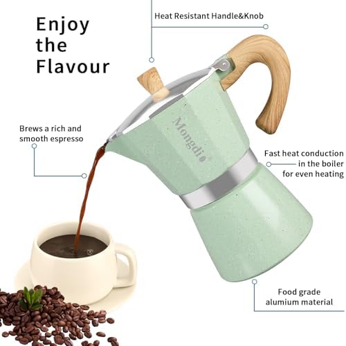 Mongdio Stovetop Espresso Maker Moka Pot, Cuban Coffee Maker Stove top coffee maker Moka Italian Espresso Greca Coffee Maker Brewer Percolator, 6 Espresso Cups, 10 oz - Green