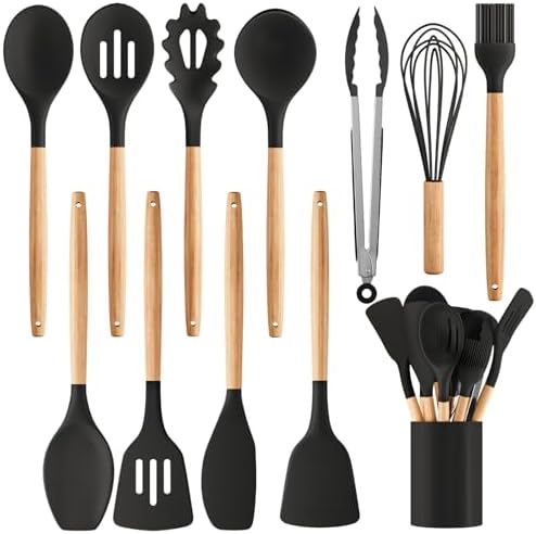 Silicone Cooking Utensil Set,12 PCS Cooking Cookware Kitchen Utensils Set for Cooking, Nonstick 446°F Heat-Resistant Cookware Kitchen Tools of Spoon,Brush,Whisk,Spatula,Turner Tongs (Black)