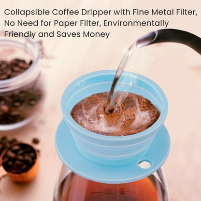 Travel Kettle Electric Foldable, Portable Electric Kettle, Collapsible Kettle Silicone + Paperless Collapsible Coffee Dripper, Travel Pour Over Coffee Maker 1 Cup (Blue)