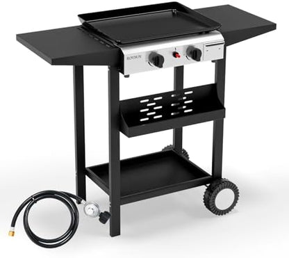 ROVSUN 2 Burner Portable Propane Griddle with Electronic Ignition, 20000 BTU Rolling Flat Top Gas Grill with Nonstick Enameled Tray, Side Shelves & Regulator for Outdoor Cooking Camping BBQ Tailgating