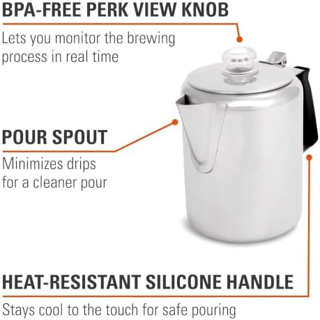 GSI Outdoors Percolator Coffee Pot I Glacier Stainless Steel with Silicone Handle for Camping, Backpacking, Travel, RV & Hunting - Stove Safe