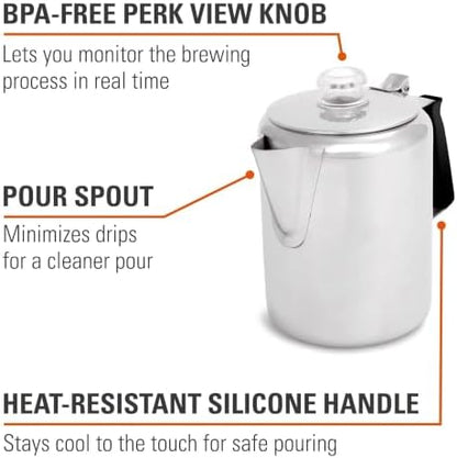 GSI Outdoors Percolator Coffee Pot I Glacier Stainless Steel with Silicone Handle for Camping, Backpacking, Travel, RV & Hunting - Stove Safe