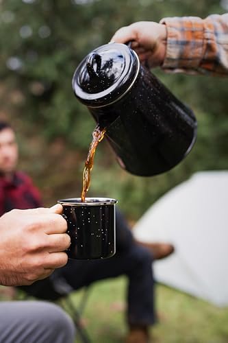 Stansport Enamel 8-Cup Percolator Coffee Pot and 4-Mug Set - Heavy-Duty Campfire Coffee Maker with 12oz Mugs - Percolator Stem Included - Double Baked Enamelware for Camping, Hiking, RV & Cabin