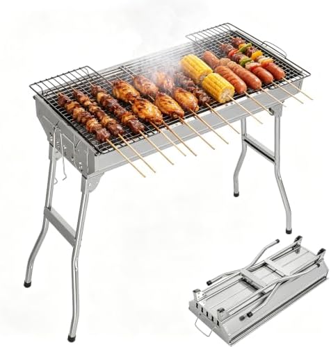 Portable Charcoal BBQ Grill, Foldable Smoker Tall Barbecue Grill Charcoal Outdoor Lightweight for Cooking Camping Hiking Picnics Tailgating Backpacking Garden Beach Party (27.5"L x 27.9"H)