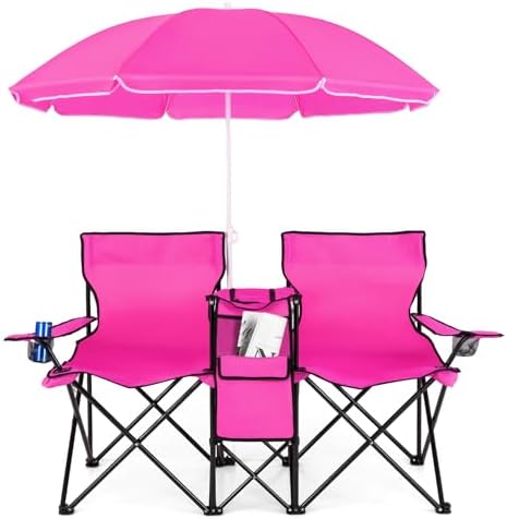 Goplus Double Camping Chairs with Umbrella, Cooler for Beach Patio