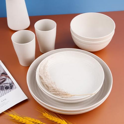 Supernal 24-Piece Beige Wheat Straw Dinnerware Set Unbreakable Plates