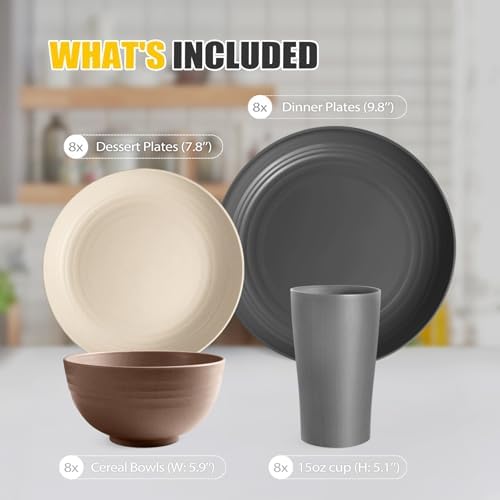 Teivio 32-Piece Plates and Bowls Sets for 8, Wheat Straw Dinnerware Sets