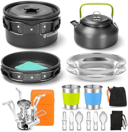 Odoland 16pcs Camping Cookware Mess Kit, with Folding Camping Stove