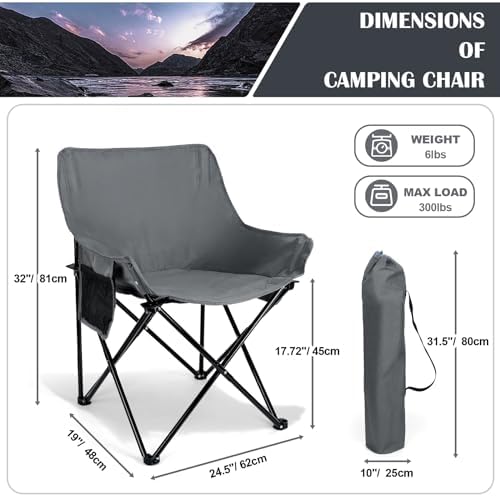 Leonyo Beach Camping Chair 2 Pack, Outdoor Folding Chair for Adults, Heavy Duty Portable Chair for Outside Fishing, Lawn, Sport, Patio, Armrest Cup Holder & Storage Pocket, Carry Bag, Grey