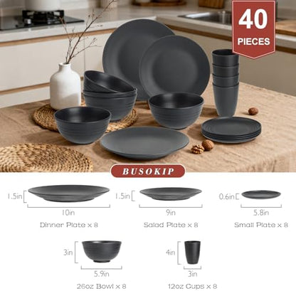 40 PCS Plate and Bowl Set, Wheat Straw Dinnerware Sets for 8(Black)