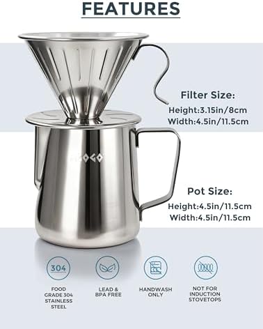 AGOGO Stainless Pour Over Coffee Maker Set, 50 Paper Filters, 20oz, Sliver