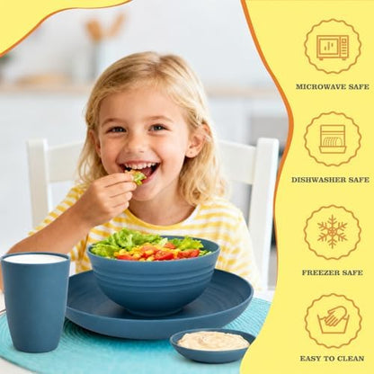 16 PCS Wheat Straw Plates and Bowls Sets,Kids Dishes Dinnerware Sets for 4,Unbreakable Kitchen Plates and Bowls Set for Travel Dishwasher & Microwave Safe Lightweight Dishes Set - DeepBlue
