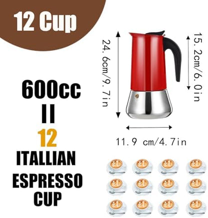12 Cup Stovetop Espresso Maker Stainless Steel Moka Pot Stove Top Percolator Italian Coffee Makers Capable Mocha Greca Machine Cafe Classic Induction Cookers for Home and Camping 600ml 20oz