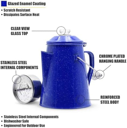 WILD Deluxe Camping Percolator Coffee Pot - Glazed Enamel Finish - Stainless Steel Internal Components - Hanging Handle - Clearview Glass Top - 10 Cups