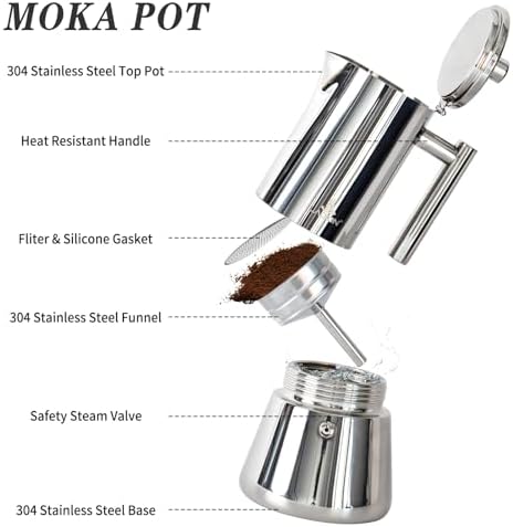 LAOION Stovetop Espresso Maker, 4Cup 6.8 oz Moka Pot, Stainless Steel