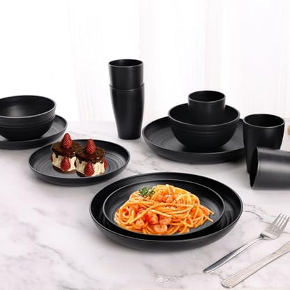 Black Plates and Bowls Sets for 8,32 Pcs Wheat Straw Dinnerware Sets Black Plastic Reusable Dishwasher Safe for Kitchen Camping,Lightweight Unbreakable Plastic Dishes Set Outdoor or Every Day Use