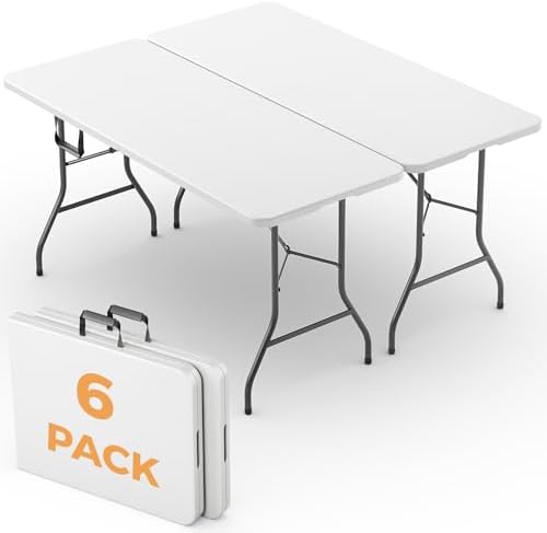 6FT Folding Table 6 Pack, Heavy Duty Fold in Half Plastic Tables with Carry Handle, Portable Indoor Outdoor Utility Table for Party, Picnic, Camping, Banquet, Wedding, RV Travel