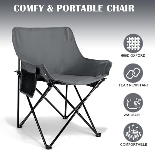 Leonyo Beach Camping Chair 2 Pack, Outdoor Folding Chair for Adults, Heavy Duty Portable Chair for Outside Fishing, Lawn, Sport, Patio, Armrest Cup Holder & Storage Pocket, Carry Bag, Grey