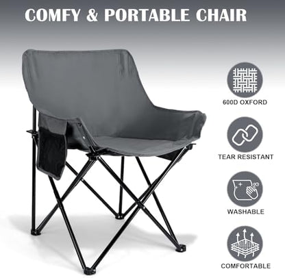 Leonyo Beach Camping Chair 2 Pack, Outdoor Folding Chair for Adults, Heavy Duty Portable Chair for Outside Fishing, Lawn, Sport, Patio, Armrest Cup Holder & Storage Pocket, Carry Bag, Grey