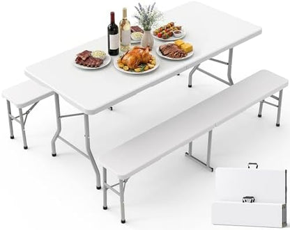 Pureegg 6FT Folding Table and 2 Chairs Set, Sturdy, Picnic, White