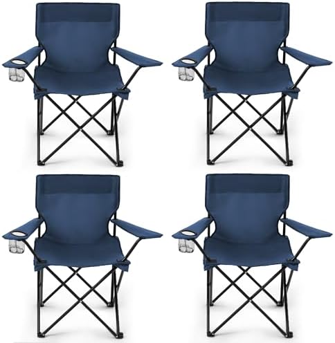 4 Pack Folding Camping Chairs for Adults, Foldable Portable Beach Chairs with Carry Bag & Cup Holder, Compact Design for Camping, Beach, Picnics, and Fishing Supports 300LBS（Navy）