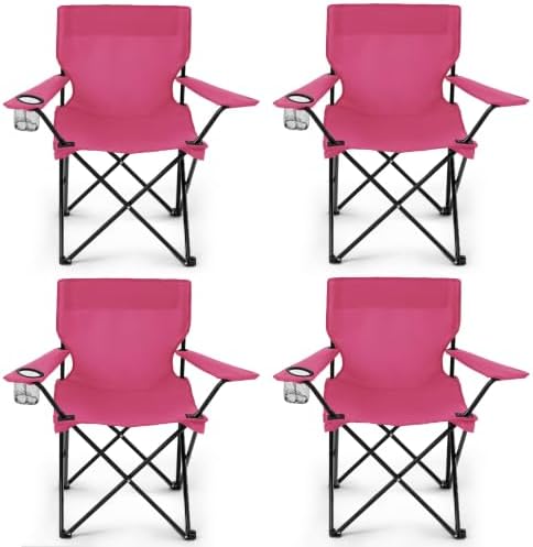 4 Pack Folding Camping Chairs for Outdoor, Foldable Portable Lawn Chairs with Carry Bag & Cup Holder, Compact Design for Camp, Beach, Picnics, and Fishing Supports 300LBS（Pink）