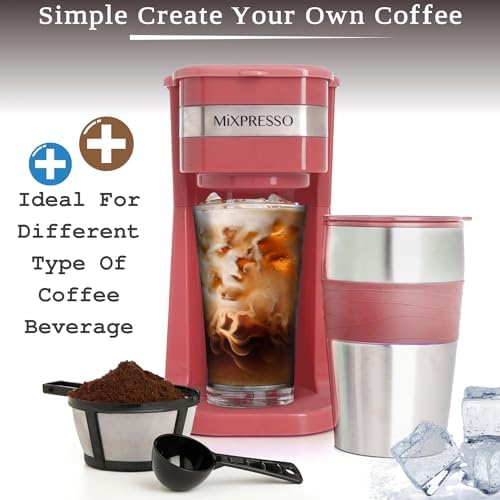 Mixpresso Single Serve & Single Cup Coffee Maker with 14oz Travel Mug Red