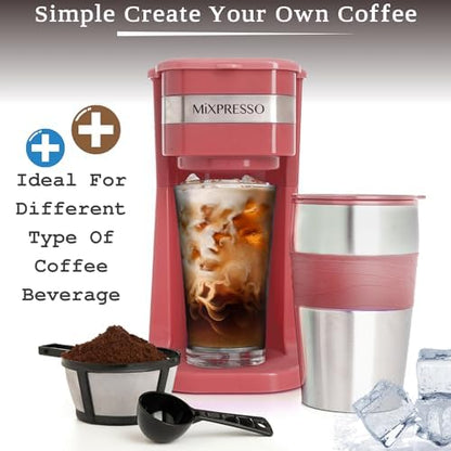 Mixpresso Single Serve & Single Cup Coffee Maker with 14oz Travel Mug Red