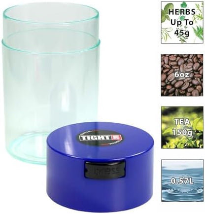 Tightvac - 1 oz to 6 ounce Vacuum Sealed Storage Container - Dark Blue Cap & Clear Body