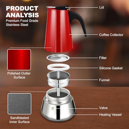 6 Cup Stovetop Espresso Maker Stainless Steel Moka Pot Stove Top Percolator Italian Coffee Makers Capable Mocha Greca Machine Cafe Classic Induction Cookers for Home and Camping 300ml 10oz