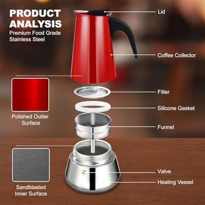 4 Cup Stovetop Espresso Maker Stainless Steel Moka Pot Stove Top Percolator Italian Coffee Makers Capable Mocha Greca Machine Cafe Classic Induction Cookers for Home and Camping 200ml 6.6oz