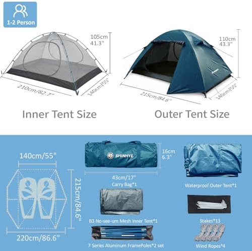 ShinHye Backpacking Tent 2/3/4 Person - Ultralight Dome Portable Tents for Camping Easy Set Up, Outdoor Hiking Waterproof Camp Instant Tent Two Doors Double Layer