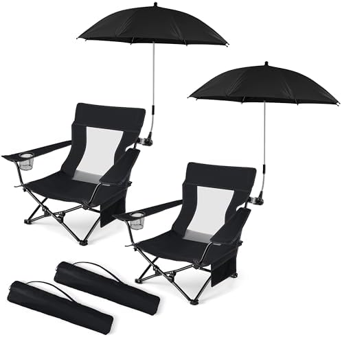 HaSteeL Low Beach Chairs, 2Pcs Camping Chairs with Umbrellas - Black