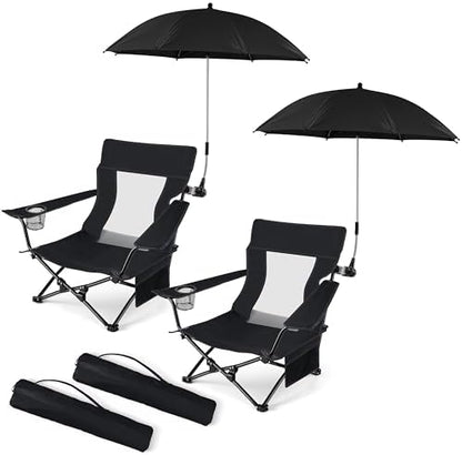 HaSteeL Low Beach Chairs, 2Pcs Camping Chairs with Umbrellas - Black