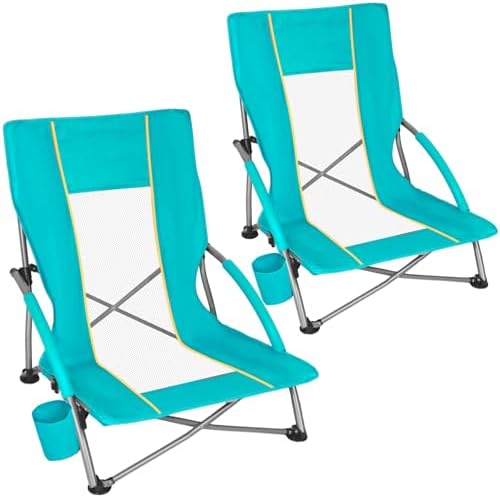 Romswi Low Beach Chairs for Adults 2 Pack, Lightweight Folding Sand Chairs with Breathable Mesh Back & Cup Holder, Portable Compact Camping Chairs, 300lbs Capacity,Green