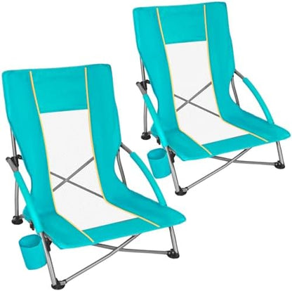 Romswi Low Beach Chairs for Adults 2 Pack, Lightweight Folding Sand Chairs with Breathable Mesh Back & Cup Holder, Portable Compact Camping Chairs, 300lbs Capacity,Green