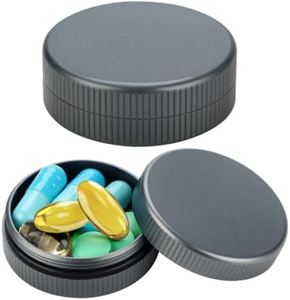 Metal Pill Case, 2Pack Aluminium Small Medication Containers for Pocket Purse, Travel Waterproof Vitamin Organizer Box, Portable Tiny Round Medicine Dispenser Caddy for Camping, Working - Gray
