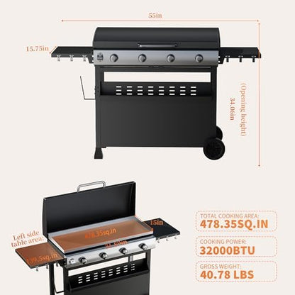 4-Burner Propane Gas Griddle – 32,000 BTU Convertible Flat Top Grill with Hood & Removable Cart – Portable for Camping, Tailgating, Backyard