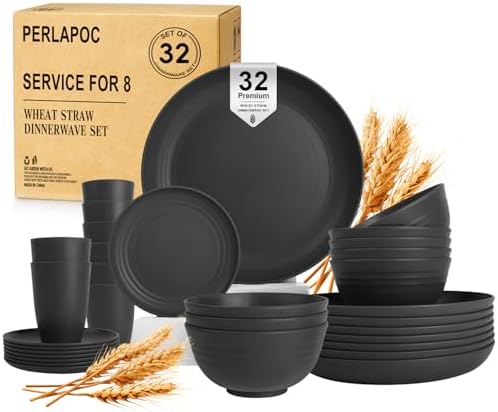 Wheat Straw Dinnerware Sets for 8, 32 PCS Unbreakable Plates and Bowls Sets, Reusable Dinnerware Set for Kitchen Outdoor and Apartment Dinning Essentials - Black