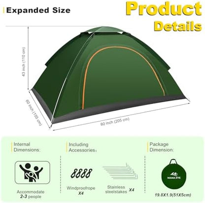 Camping Tent 2/3 Person，Portable Double Layer Outdoor Dome Tent, Waterproof Windproof Easy Setup - Suitable for Adventure, Weekend Hiking Trips