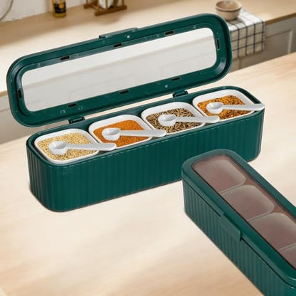 Clear Seasoning Box, 4 Packs Seasoning Rack Spice Pots,Condiment Jars Seasoning Box with Clear Covers and Spoons for Spice, Sugar, Salt, Pepper, Garlic Powder (Green)