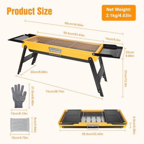 Portable Charcoal Grill, Small Stainless Steel Camping Tabletop BBQ Grill with Foldable Side Shelves, Compact Tabletop Barbecue with Carry Handle for Outdoor Picnic Backyard Beach Travel