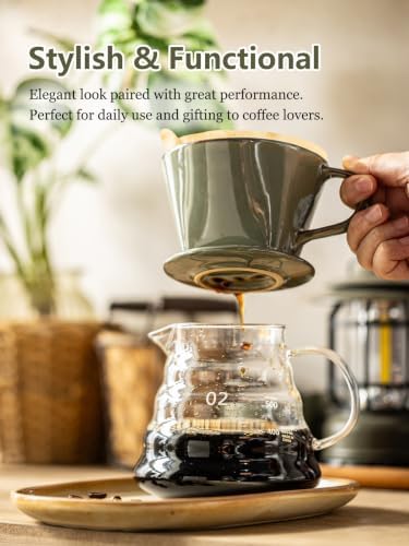 Gomakren Ceramic Pour Over Coffee Dripper, 3-Hole Cone Brewer, Olive Green